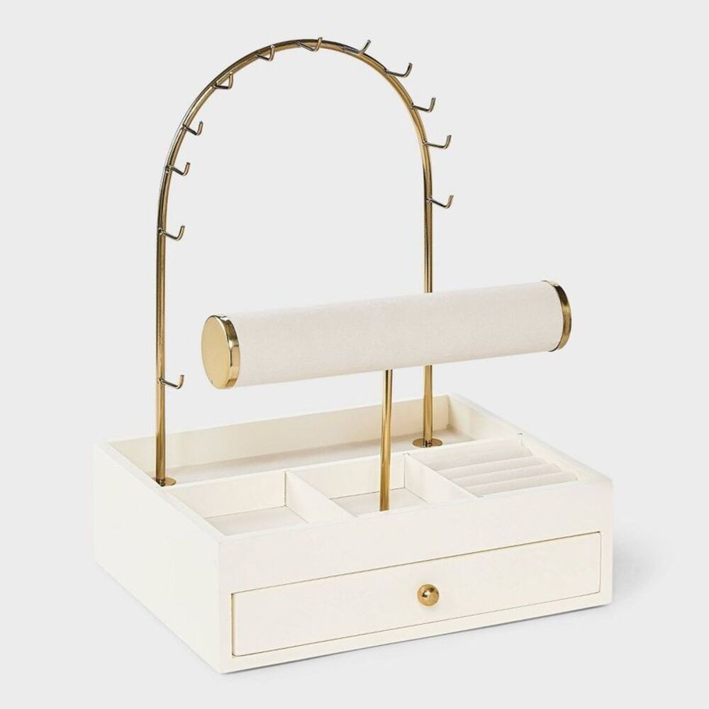 Arched Necklace and Bracelet Standing Drawer Organizer Jewelry Box - Gold/Cream
